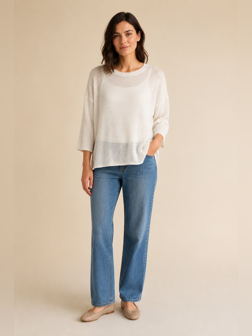 Eileen Fisher Women L White Organic Linen Cotton Oversized Knit Sweater Top